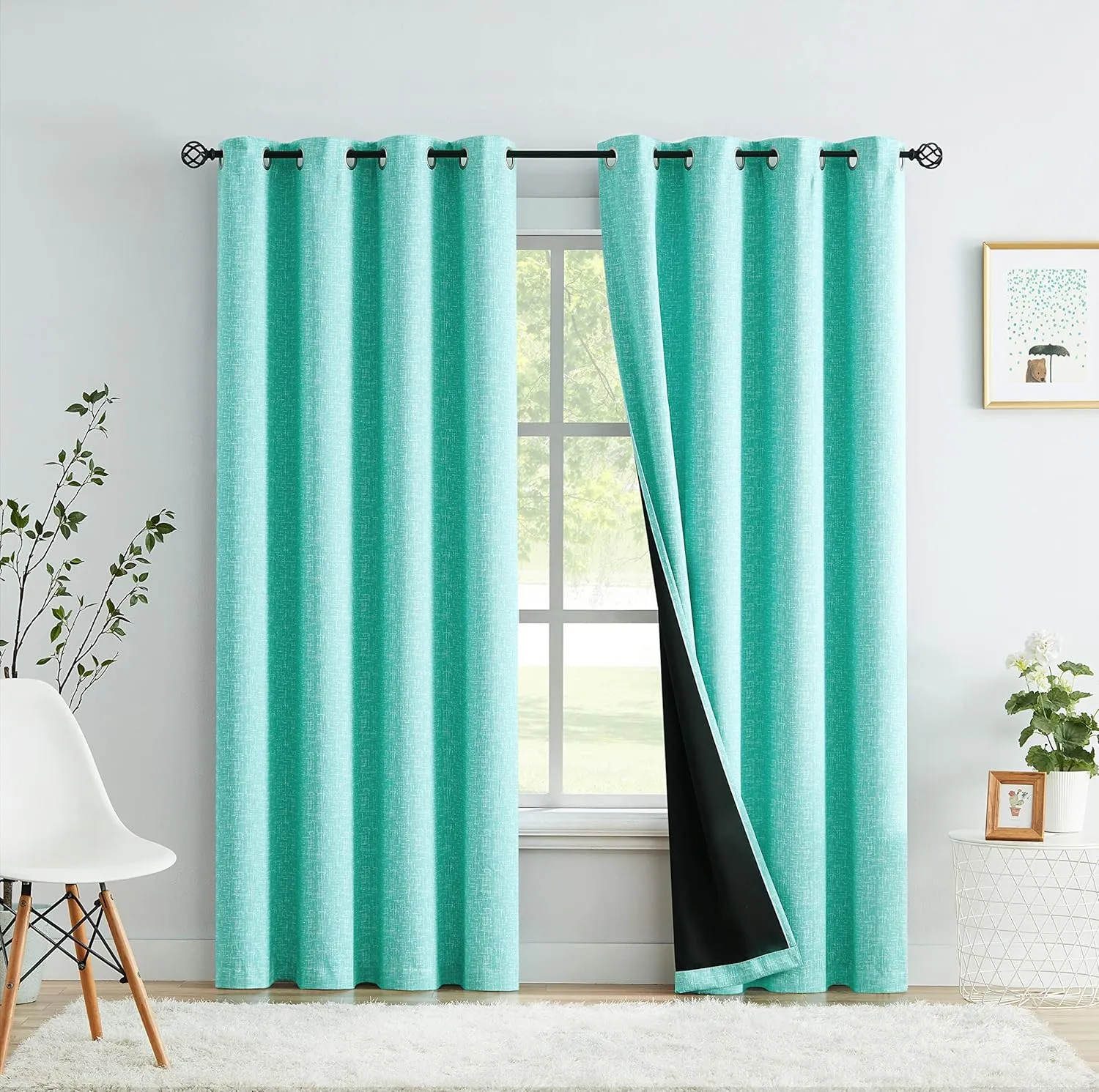 100% Blackout Curtains 95 Inches Long for Bedroom, Aqua Teal Soild with White Heathered Print Curtains for Living Room Darkening Thermal Insulated Drapes, Grommet Window Treatments 2 Panels