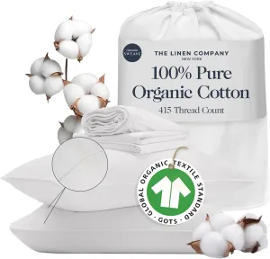 100% Organic Cotton Sheets Queen Size - Luxurious 415 Thread Count, Oeko-Tex Certified, Silky Soft Sateen Weave, Hemstitched Pillowcases, Fitted Sheet with Deep Pockets, Double-Elastic & Corner Straps