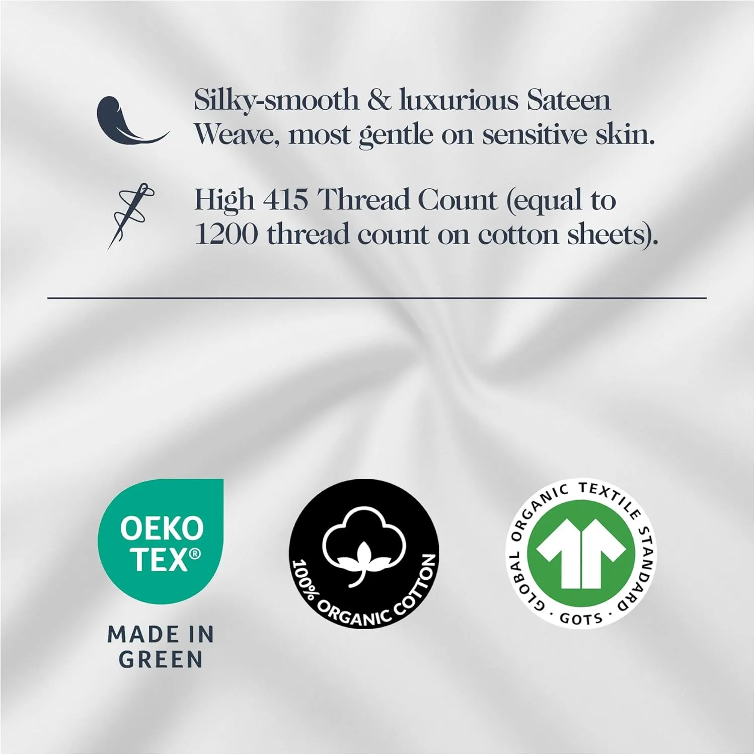 100% Organic Cotton Sheets Queen Size - Luxurious 415 Thread Count, Oeko-Tex Certified, Silky Soft Sateen Weave, Hemstitched Pillowcases, Fitted Sheet with Deep Pockets, Double-Elastic & Corner Straps