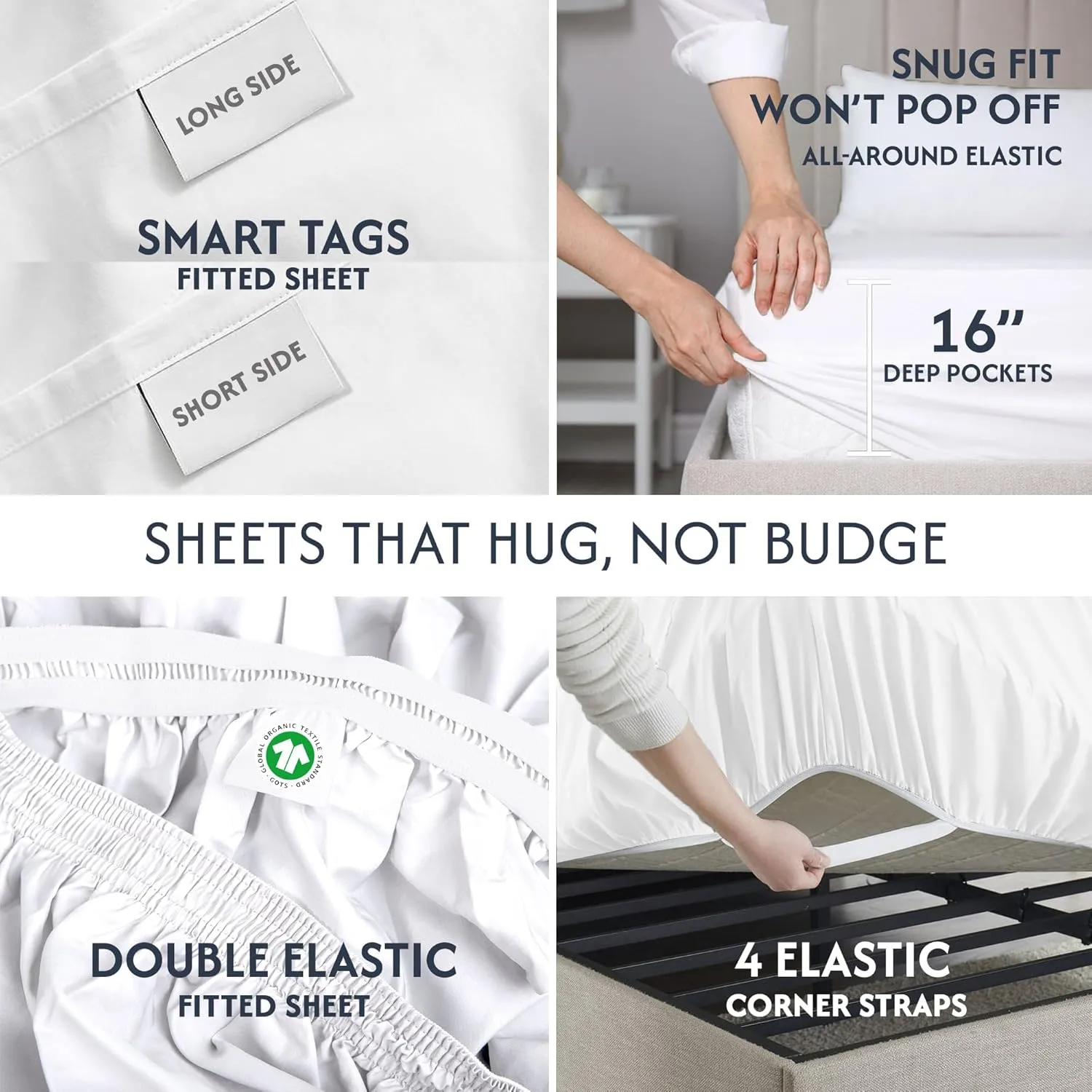 100% Organic Cotton Sheets Queen Size - Luxurious 415 Thread Count, Oeko-Tex Certified, Silky Soft Sateen Weave, Hemstitched Pillowcases, Fitted Sheet with Deep Pockets, Double-Elastic & Corner Straps