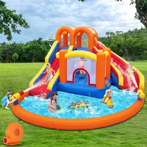 14.2x12.8FT Inflatable Water Park, Giant Slide Bounce House With 2 Long Slides, Thrilling Climbs, Trampoline and Big Splash Pool - 650W Air Blower Included
