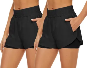 2 Pack Athletic Shorts for Women, Quick Dry Running Shorts with Pockets High Waisted Workout Gym Sports Shorts