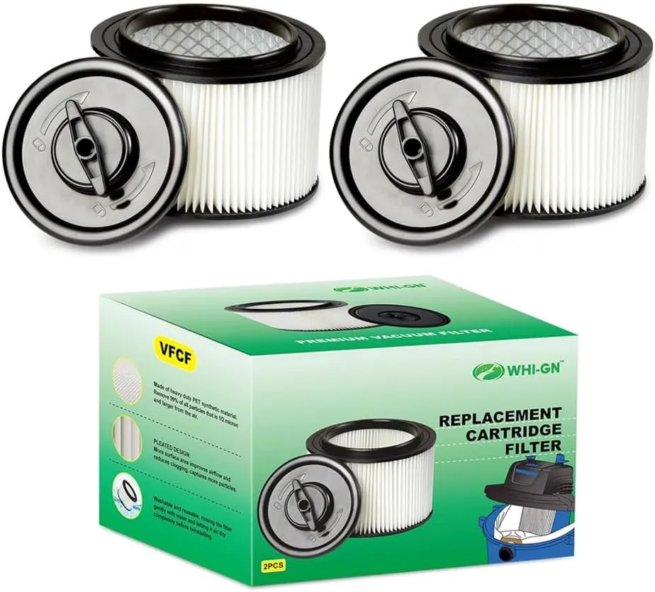 2 Pack VFCF Cartridge Filter & Retainer, compatible with Vacmaster 4 gallon Wet/Dry Vacuums model# VF408, Professional model# VF410P, and Cleva Industrial model# VF408B