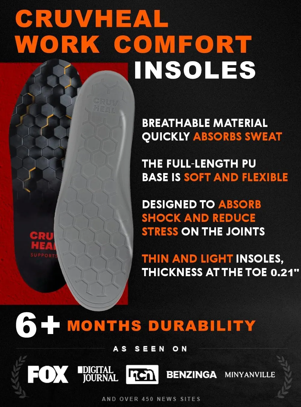 2 Pairs of Work Comfort Orthotic Insoles - Shoe Inserts for Men and Women with Anti-Fatigue Properties - Cushioned Insoles - Foot Pain Relief - Suitable for Work Boots (L-2 Pairs, Black)