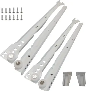 22 Inch White Euro Slides, Pack of 8, Double Stopper Functional Cabinet Hardware. 75lbs Capacity Cold Rolled Steel, Powder Coated Long Lasting Kitchen Drawer Slides