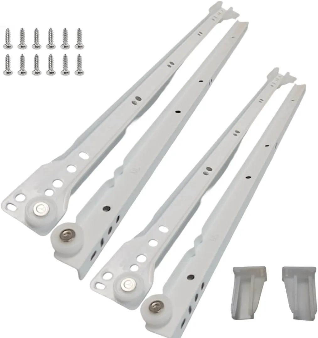 22 Inch White Euro Slides, Pack of 8, Double Stopper Functional Cabinet Hardware. 75lbs Capacity Cold Rolled Steel, Powder Coated Long Lasting Kitchen Drawer Slides