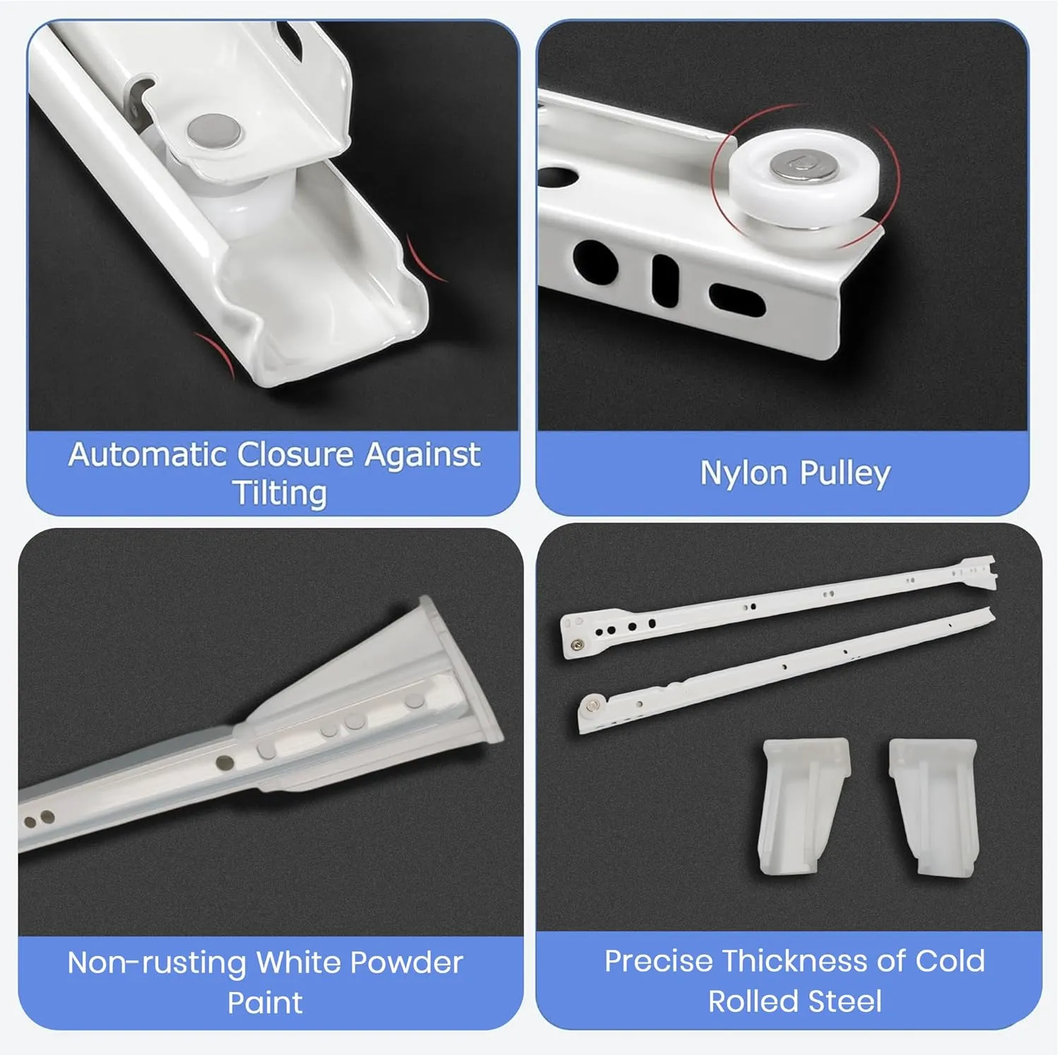 22 Inch White Euro Slides, Pack of 8, Double Stopper Functional Cabinet Hardware. 75lbs Capacity Cold Rolled Steel, Powder Coated Long Lasting Kitchen Drawer Slides