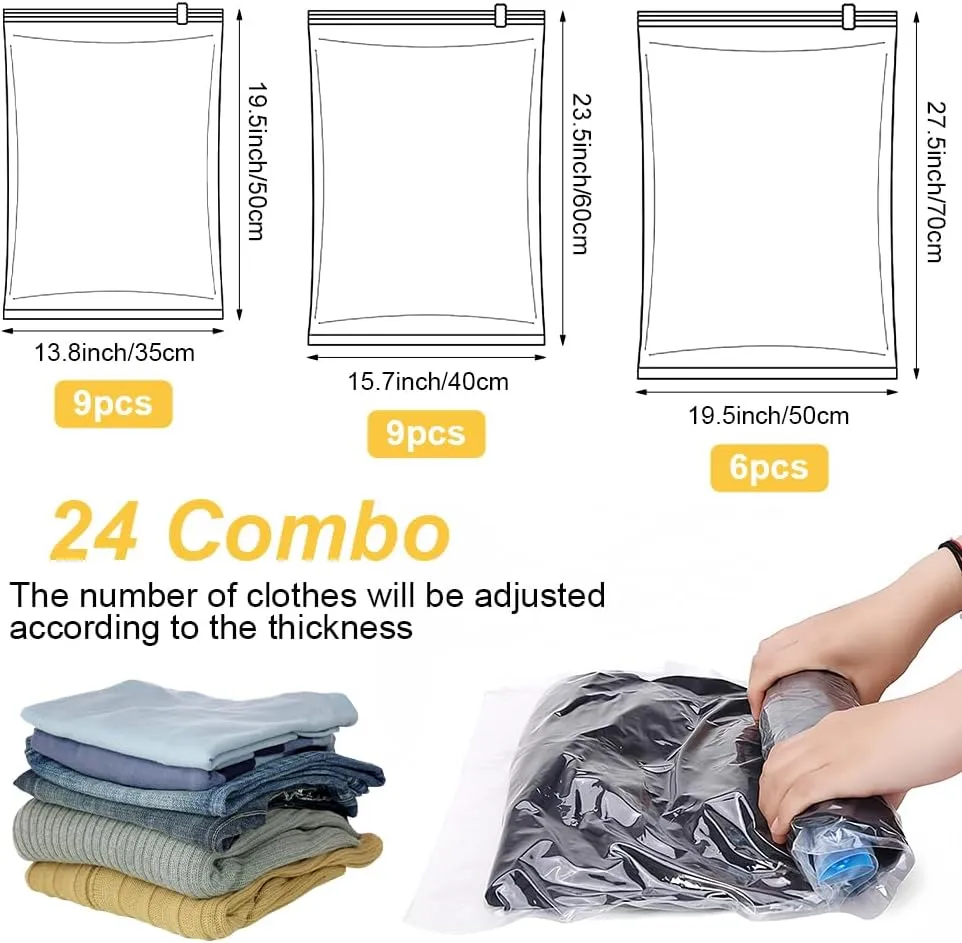 24 Pack Compression Bags For Travel, 2025 Upgrade Space Saver Bags For Luggage, Suitcase, Cruises and Airplane, Travel Essentials Vacuum Storage Bags No Vacuum Needed (24 Pack)