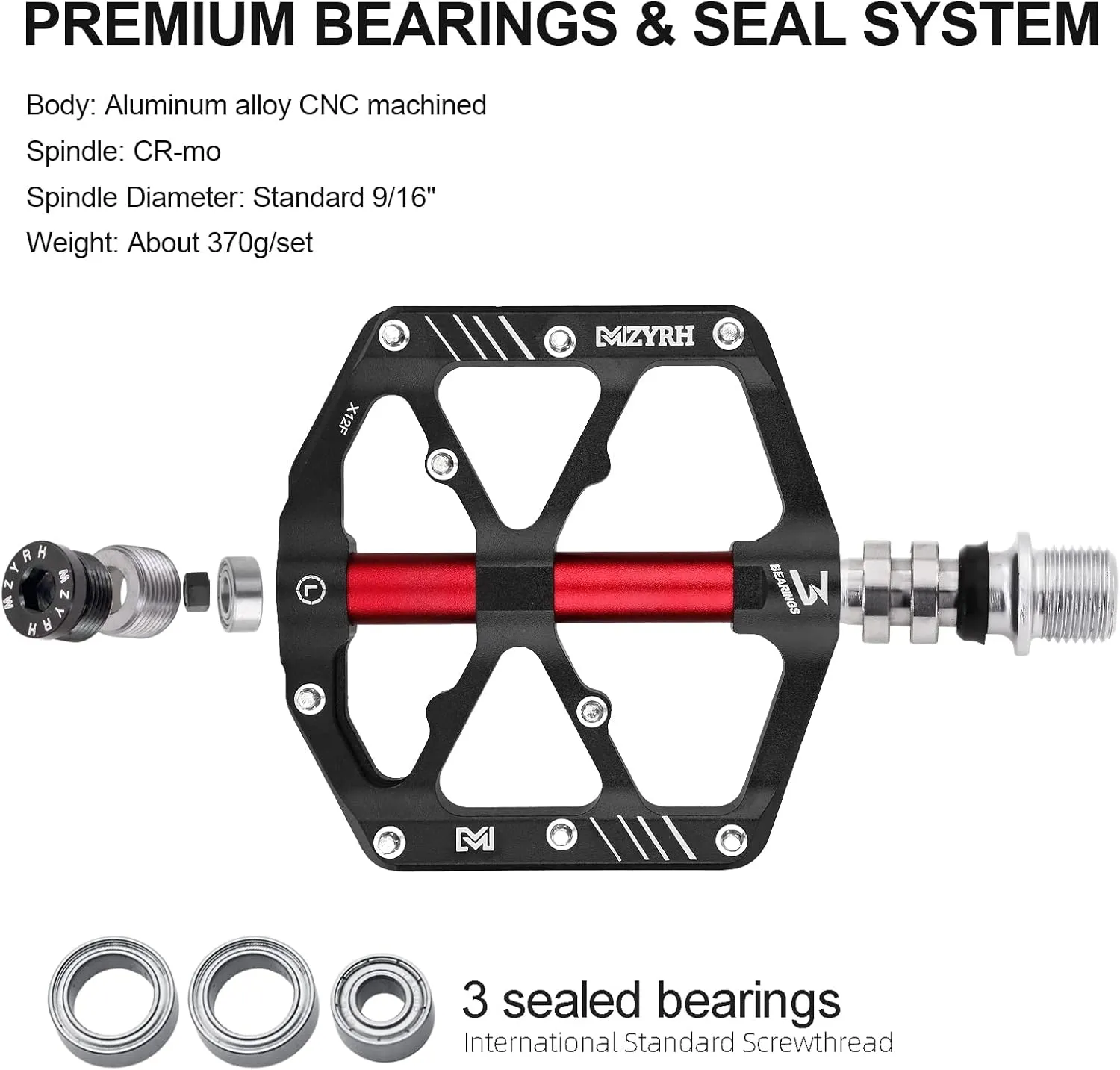 3 Bearings Mountain Bike Platform Pedals - Flat Alloy 9/16" Non-Slip Bicycle Pedals