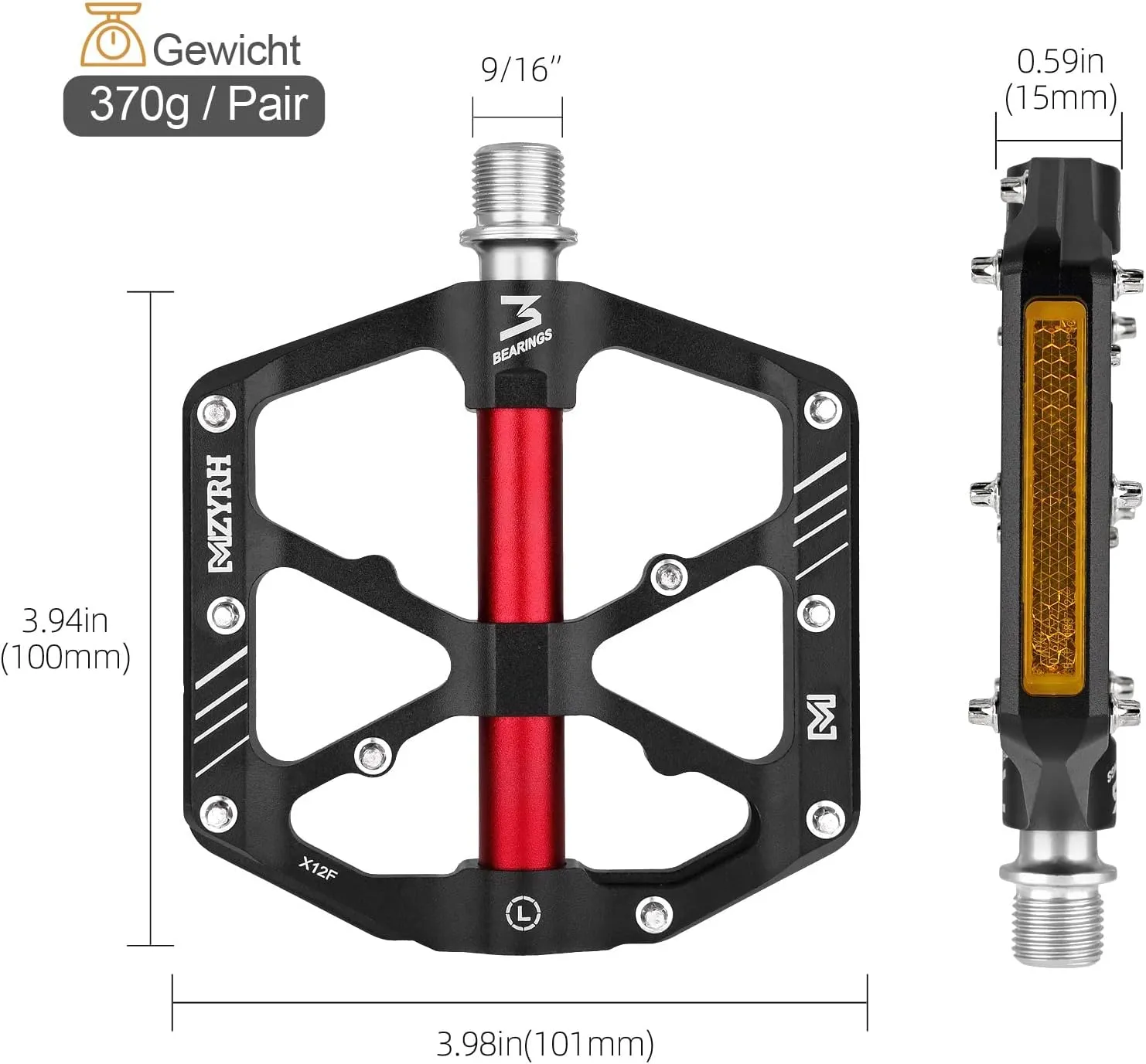 3 Bearings Mountain Bike Platform Pedals - Flat Alloy 9/16" Non-Slip Bicycle Pedals