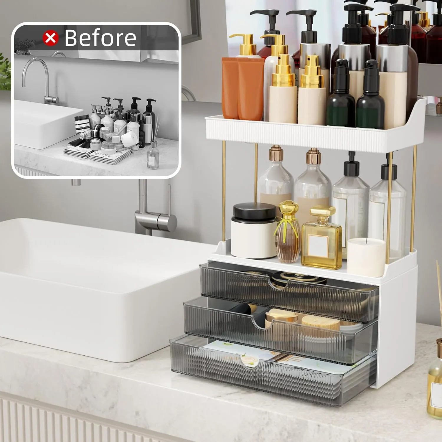 3 Drawers Bathroom Counter Organizer, 5 Tier Makeup Organizer, Versatile Perfume Organizer, Ideal for Bathroom Storage, Vanity, Large Skincare, Perfume, Present, Grey
