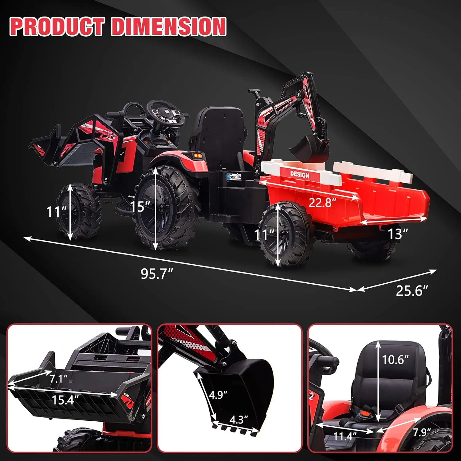 3-in-1 Kids 24V Ride On Tractor, Ride On Car Toy Excavator & Bulldozer - Battery-Powered Electric Vehicle w/Trailer, Digger, Remote Control, LED Lights, Music & USB, Battery Powered, Red
