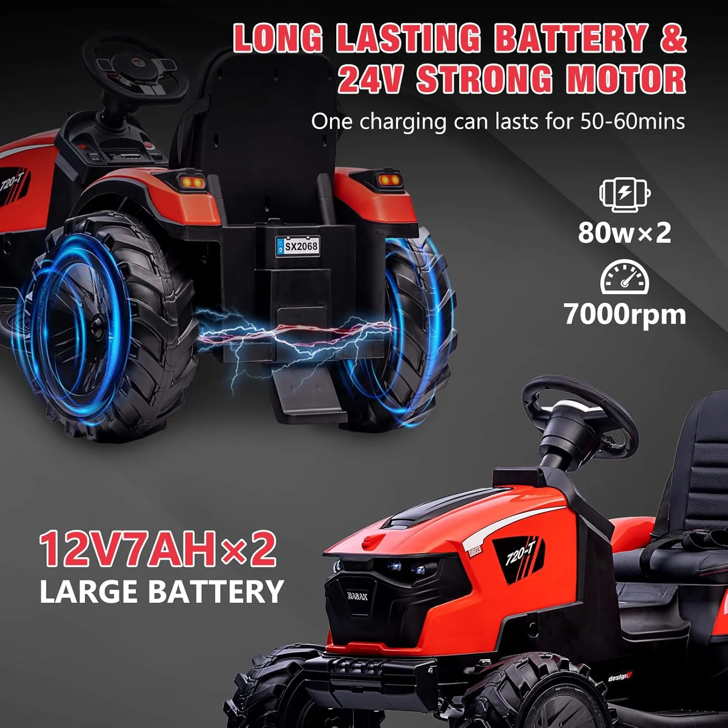 3-in-1 Kids 24V Ride On Tractor, Ride On Car Toy Excavator & Bulldozer - Battery-Powered Electric Vehicle w/Trailer, Digger, Remote Control, LED Lights, Music & USB, Battery Powered, Red