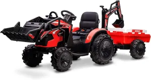 3-in-1 Kids 24V Ride On Tractor, Ride On Car Toy Excavator & Bulldozer - Battery-Powered Electric Vehicle w/Trailer, Digger, Remote Control, LED Lights, Music & USB, Battery Powered, Red