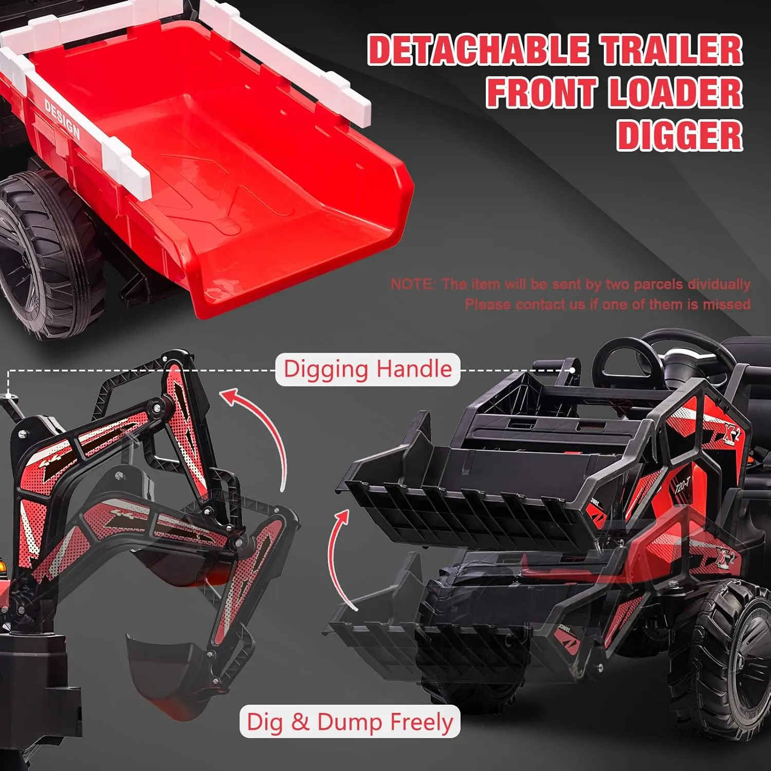 3-in-1 Kids 24V Ride On Tractor, Ride On Car Toy Excavator & Bulldozer - Battery-Powered Electric Vehicle w/Trailer, Digger, Remote Control, LED Lights, Music & USB, Battery Powered, Red