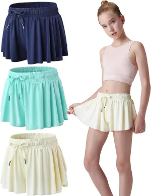 3 Pack Girls Flowy Shorts with Spandex Liner 2-in-1 Youth Butterfly Skirts for Fitness, Running, Sports