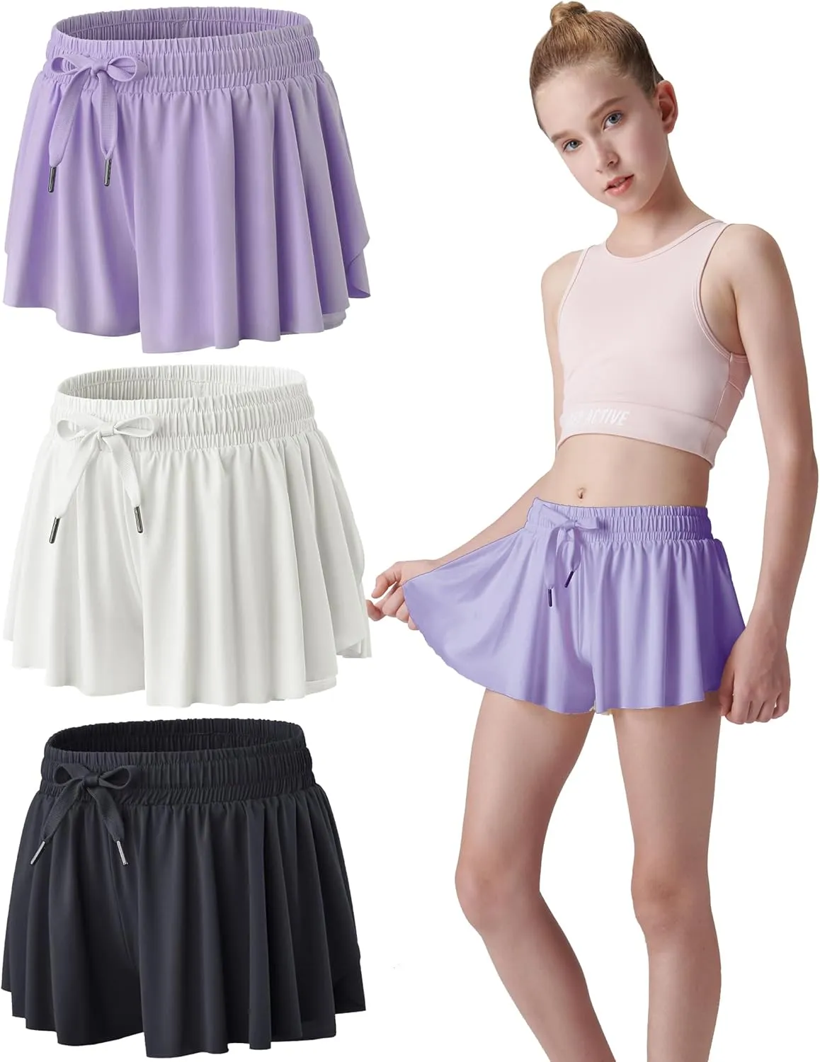 3 Pack Girls Flowy Shorts with Spandex Liner 2-in-1 Youth Butterfly Skirts for Fitness, Running, Sports