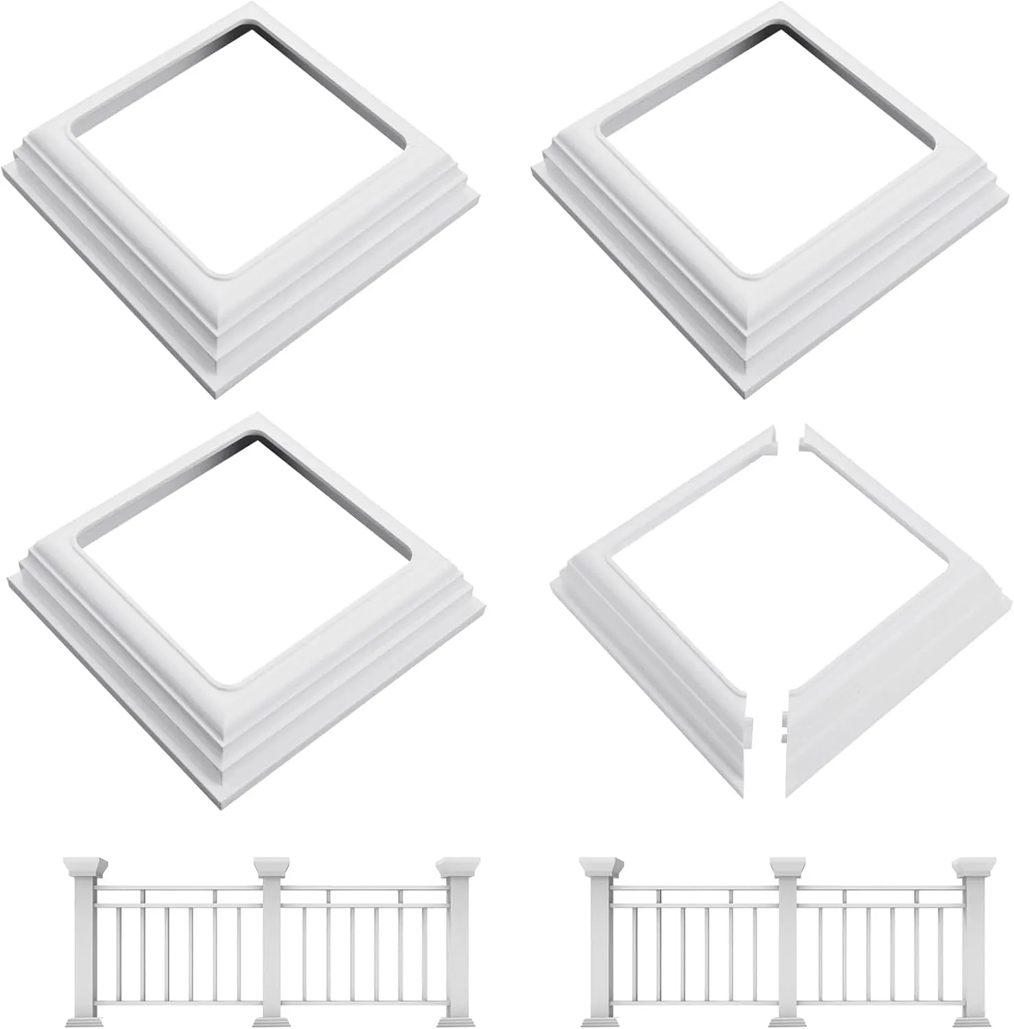4 Pcs Split Style 4x4 Vinyl Fence Post Skirt, Post Sleeve PVC Base Cover Repair Trim Ring, Snap-Together Slide-on Install Skirt Railing, Moisture-Proof UV-Proof Porch Hand Stair Rail (White)