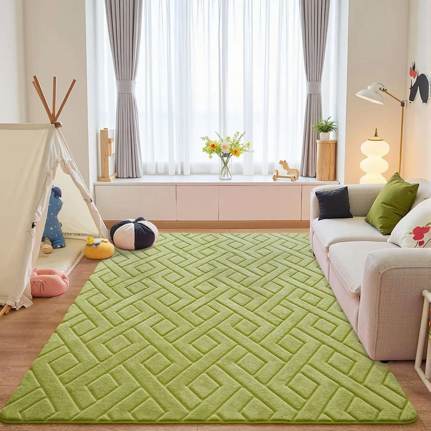 4x6 Green Washable Area Rug for Bedroom, Modern Geometric Shag Non-Slip Living Room Rugs, Fluffy Plush Soft Memory Foam Carpet for Kids Girls Boys Room Nursery Room Dorm Bedside Decor