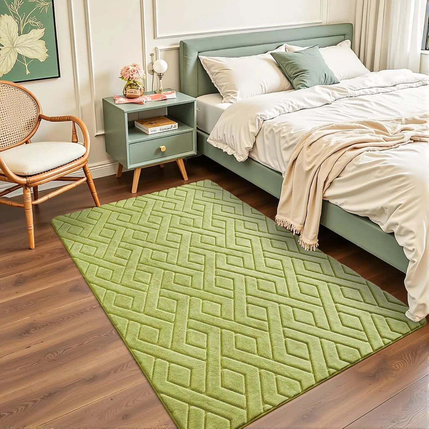 4x6 Green Washable Area Rug for Bedroom, Modern Geometric Shag Non-Slip Living Room Rugs, Fluffy Plush Soft Memory Foam Carpet for Kids Girls Boys Room Nursery Room Dorm Bedside Decor