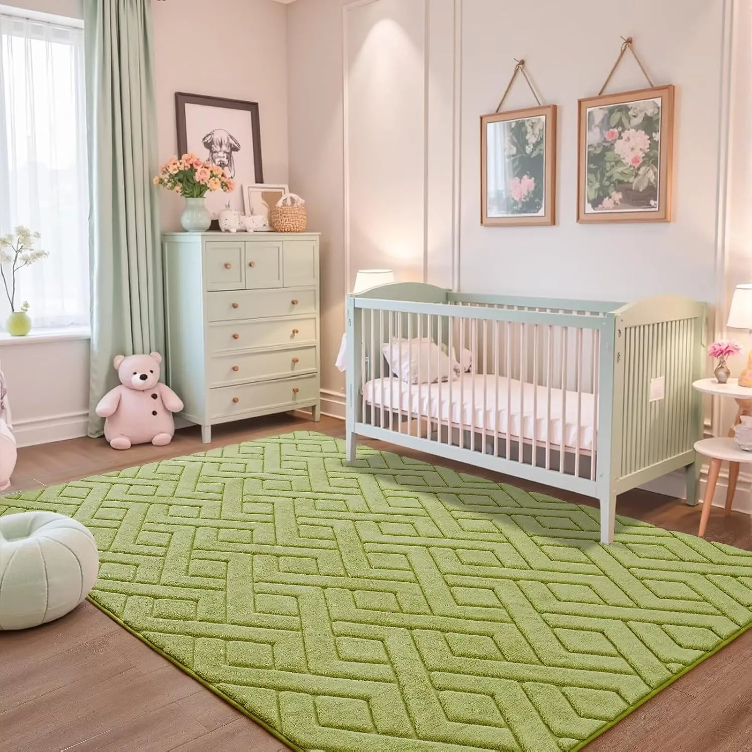 4x6 Green Washable Area Rug for Bedroom, Modern Geometric Shag Non-Slip Living Room Rugs, Fluffy Plush Soft Memory Foam Carpet for Kids Girls Boys Room Nursery Room Dorm Bedside Decor