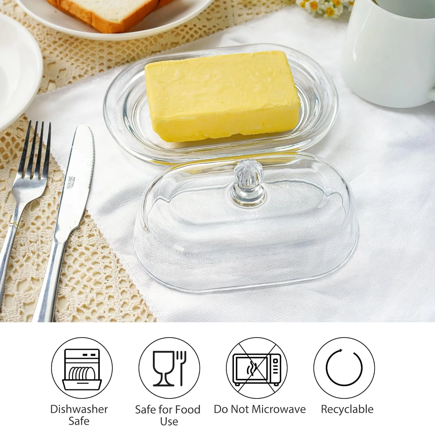 7 inch Glass Butter Dish with Lid, Clear Covered Butter Dish for Countertop, Elegant Butter Holder for Kitchen Dining Table Decor