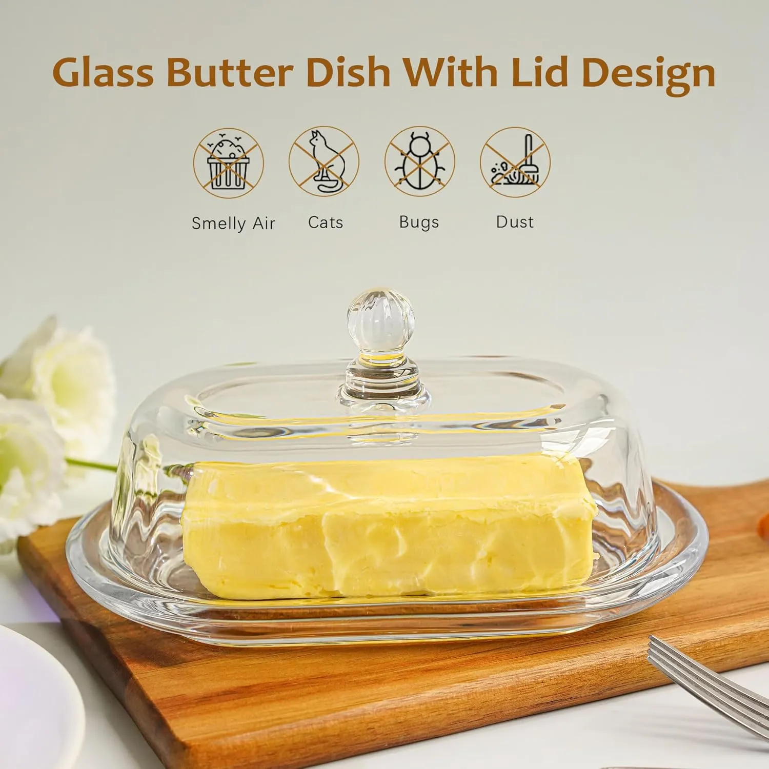 7 inch Glass Butter Dish with Lid, Clear Covered Butter Dish for Countertop, Elegant Butter Holder for Kitchen Dining Table Decor