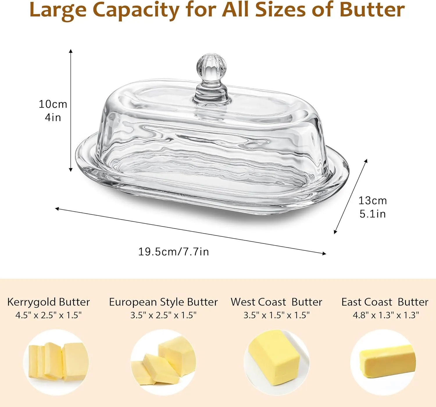 7 inch Glass Butter Dish with Lid, Clear Covered Butter Dish for Countertop, Elegant Butter Holder for Kitchen Dining Table Decor