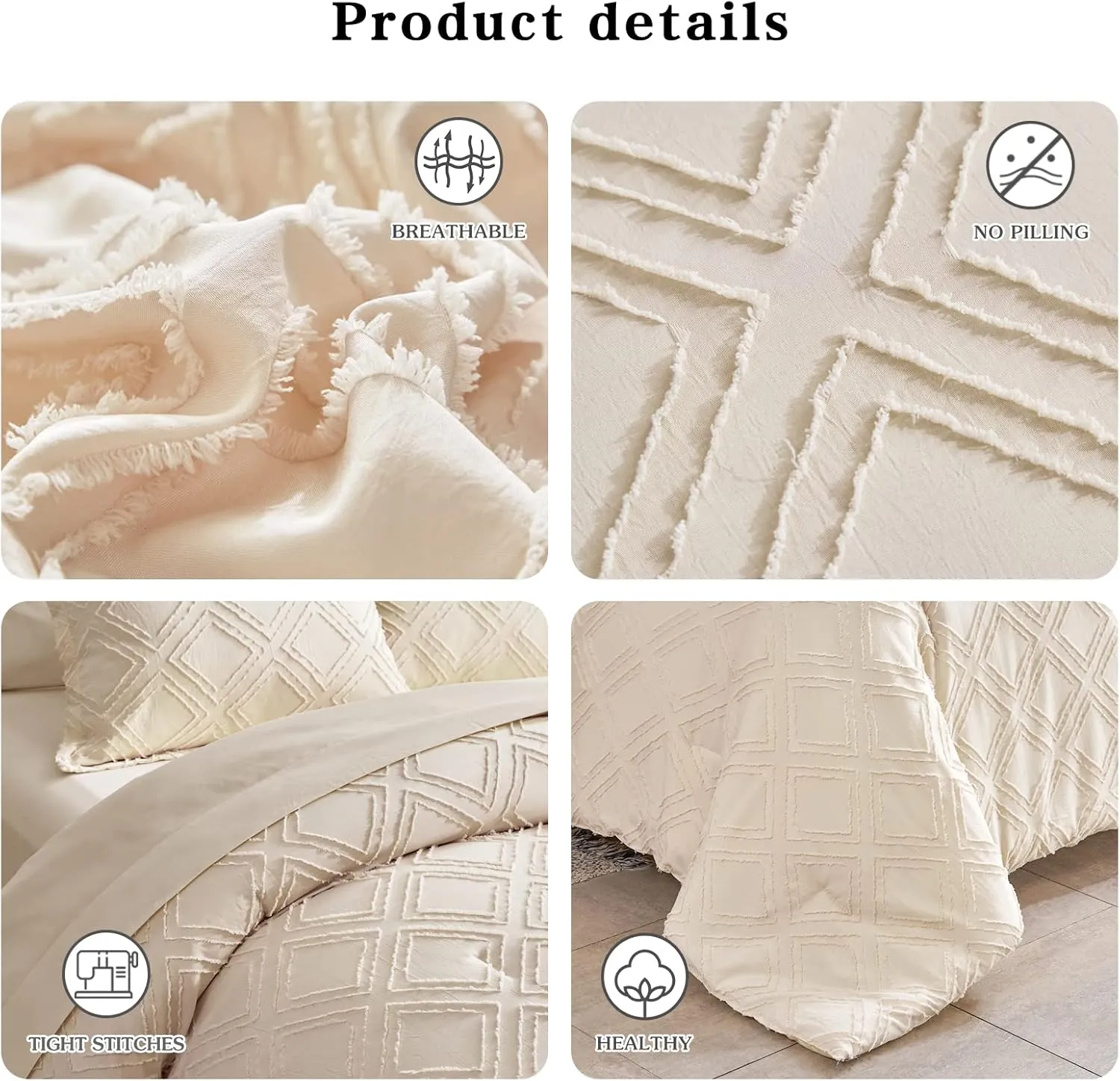 7 Pieces Tufted Bed in a Bag Queen Comforter Set with Sheets Beige, Soft and Embroidery Shabby Chic Boho Bohemian, Luxury Solid Color with Diamond Pattern, Jacquard Tufts Bedding Set for All Season