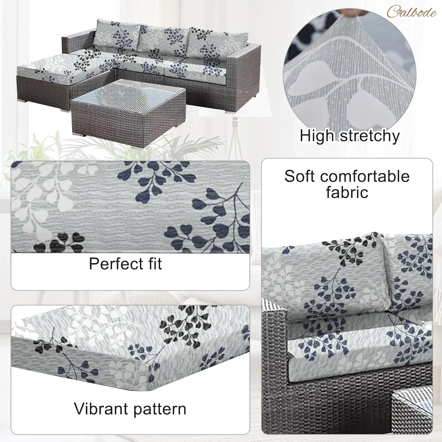 8Pcs Outdoor Stretch Cushion Covers,Waterproof Outdoor Chair Floral Cushion Covers for Patio Furniture, Washable Floral Couch Covers Replacement for Patio Furniture（Blue Grey）