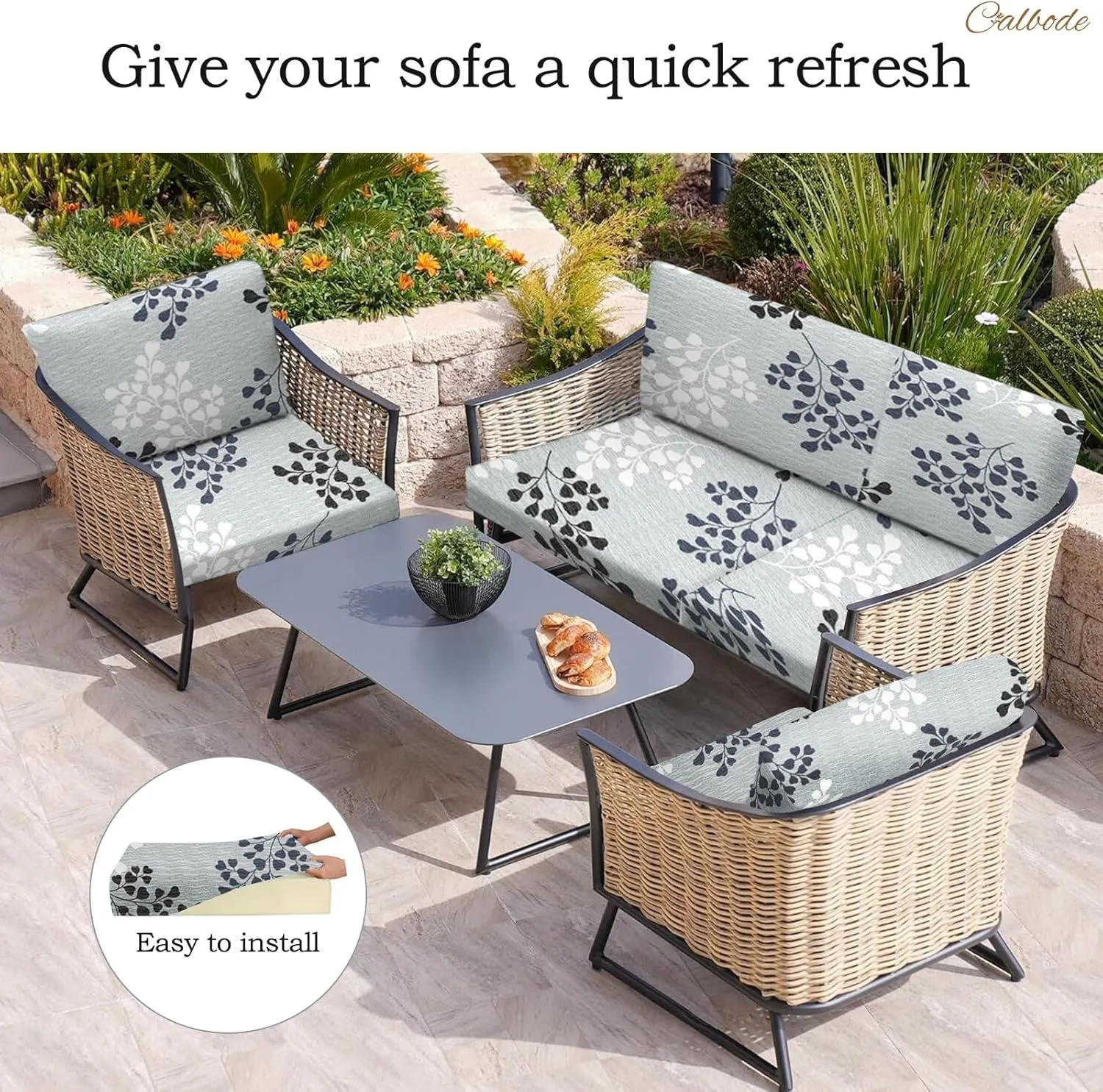 8Pcs Outdoor Stretch Cushion Covers,Waterproof Outdoor Chair Floral Cushion Covers for Patio Furniture, Washable Floral Couch Covers Replacement for Patio Furniture（Blue Grey）