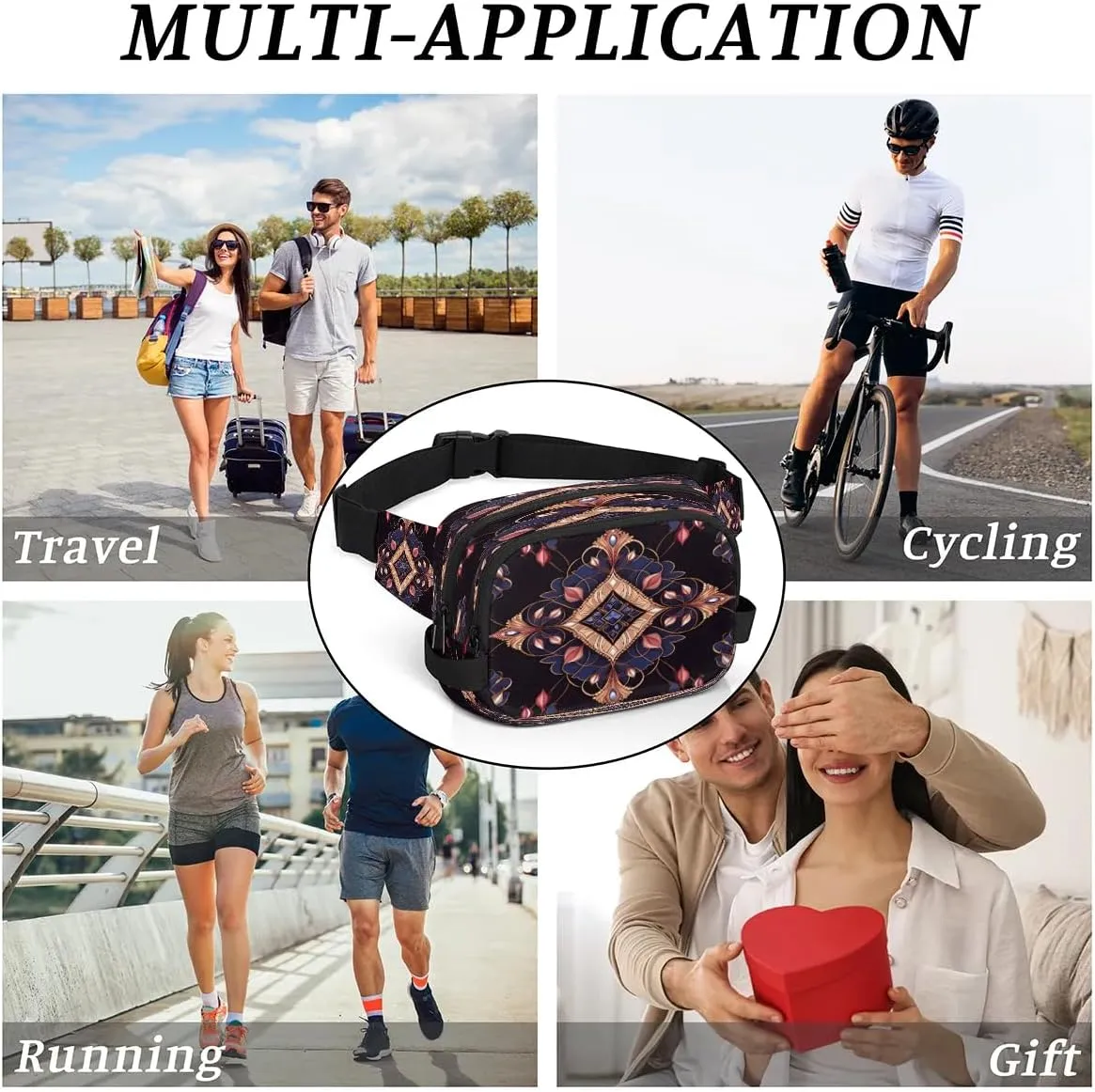 Abstract Dark Boho Printing Fanny Packs for Women Men Waterproof Waist Bag with Adjustable Strap Belt Bag for Travel Running Hiking