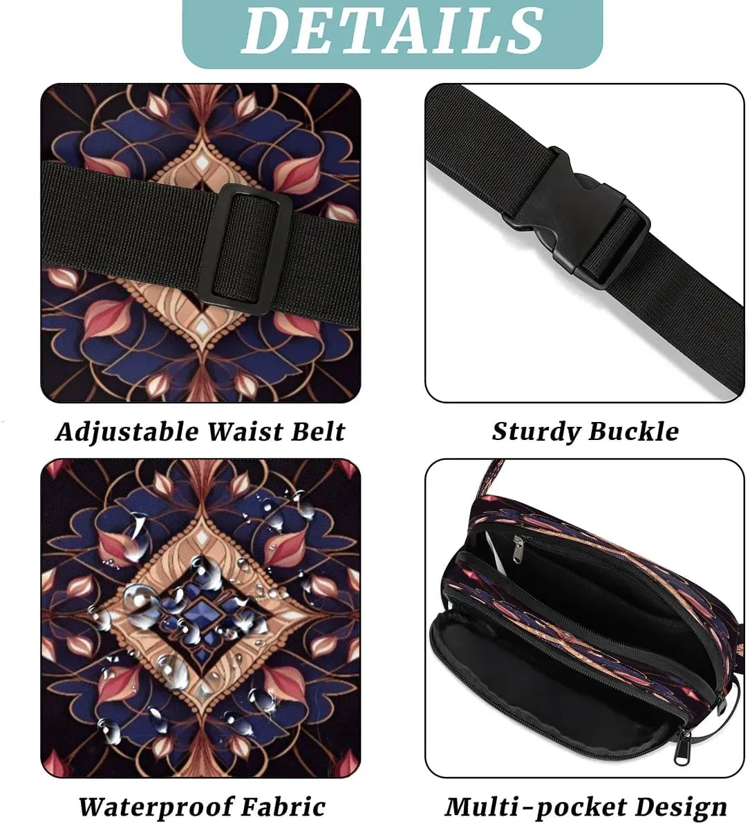 Abstract Dark Boho Printing Fanny Packs for Women Men Waterproof Waist Bag with Adjustable Strap Belt Bag for Travel Running Hiking