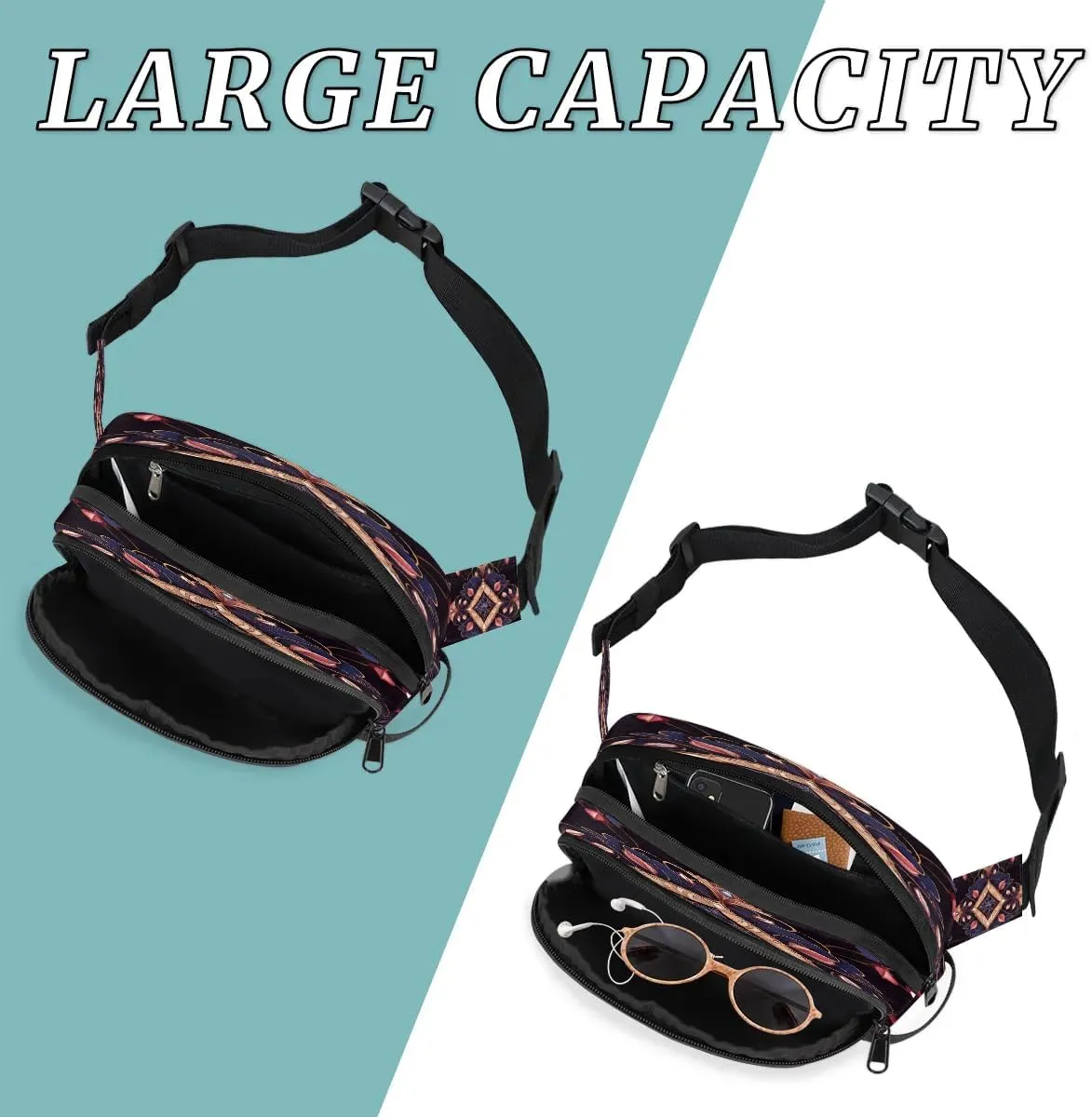 Abstract Dark Boho Printing Fanny Packs for Women Men Waterproof Waist Bag with Adjustable Strap Belt Bag for Travel Running Hiking