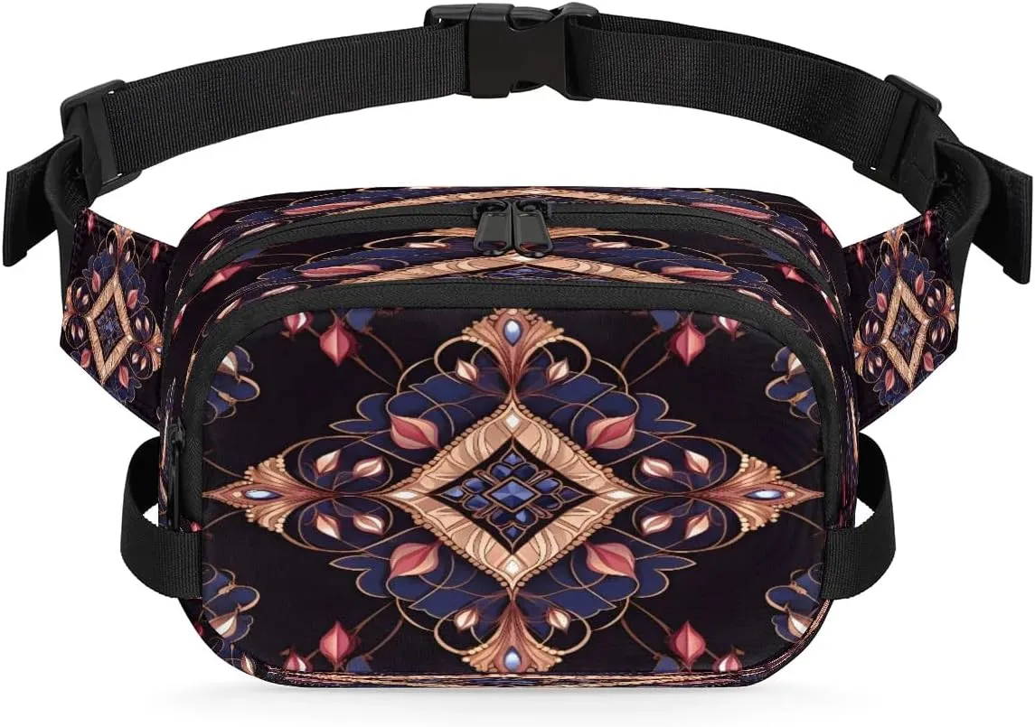 Abstract Dark Boho Printing Fanny Packs for Women Men Waterproof Waist Bag with Adjustable Strap Belt Bag for Travel Running Hiking