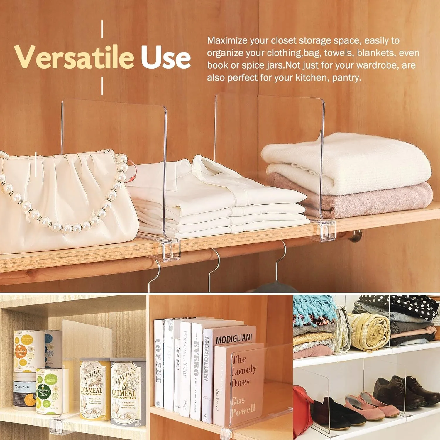 Acrylic Shelf Dividers,8 Pcs Closets Shelf Organizer for Clothing Handbags Books in Pantry, Bedroom and Kitchen, Adjustable Clear Closet Separator Wood Shelves Organize(11.1x 8.1)