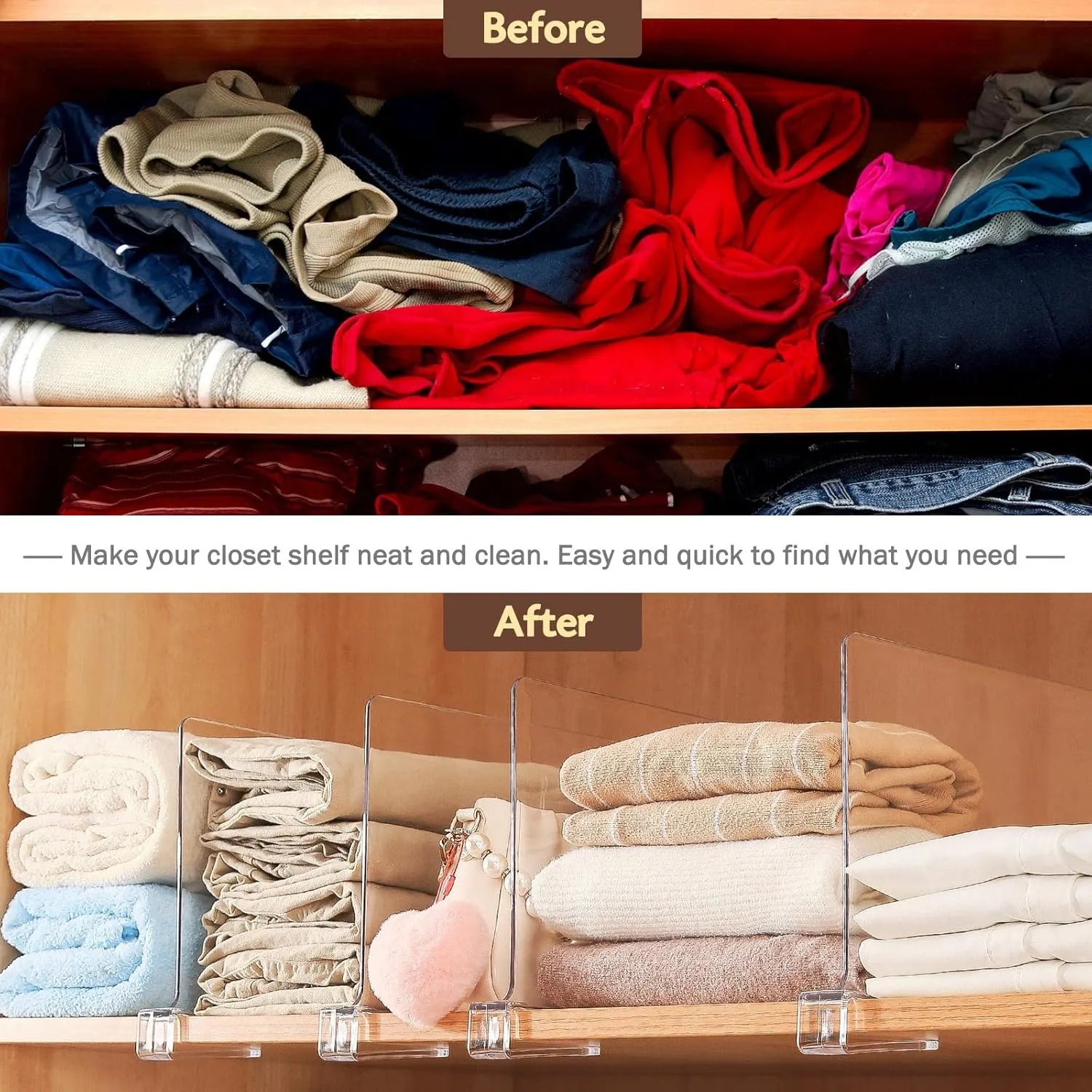 Acrylic Shelf Dividers,8 Pcs Closets Shelf Organizer for Clothing Handbags Books in Pantry, Bedroom and Kitchen, Adjustable Clear Closet Separator Wood Shelves Organize(11.1x 8.1)