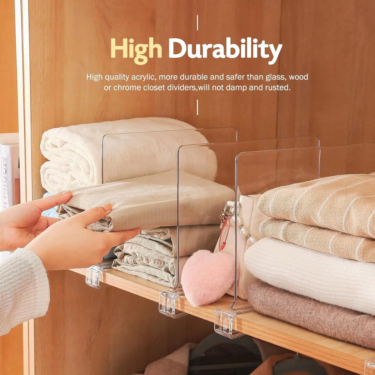 Acrylic Shelf Dividers,8 Pcs Closets Shelf Organizer for Clothing Handbags Books in Pantry, Bedroom and Kitchen, Adjustable Clear Closet Separator Wood Shelves Organize(11.1x 8.1)