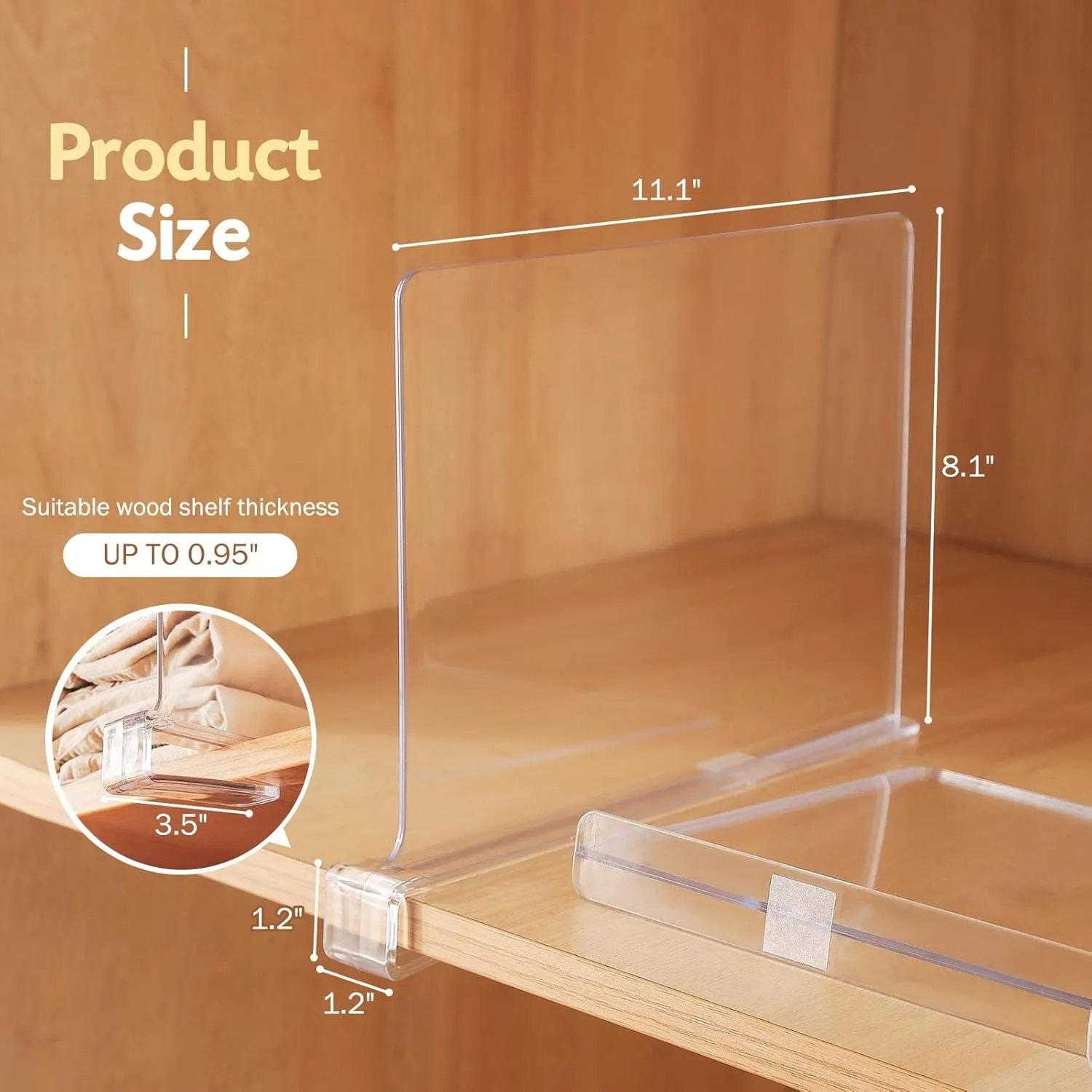 Acrylic Shelf Dividers,8 Pcs Closets Shelf Organizer for Clothing Handbags Books in Pantry, Bedroom and Kitchen, Adjustable Clear Closet Separator Wood Shelves Organize(11.1x 8.1)