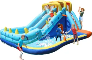 AirMyFun Inflatable Water Slide, Double Waterslide Park with Splash Pool & Ball Pit for Kids Air Blower, Kids Bounce House with Blower, Extended Water Slip Waterslide Outdoor & Indoor