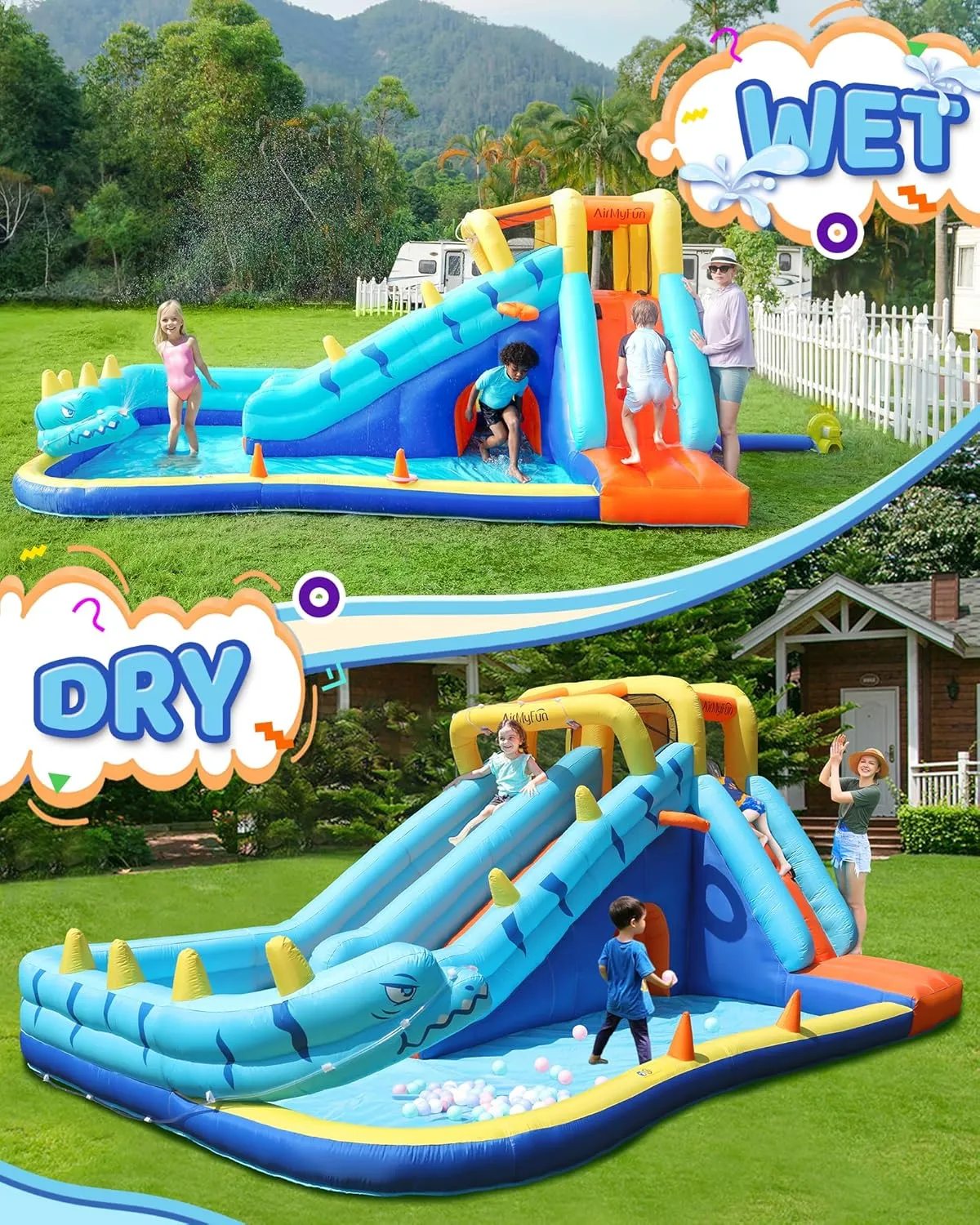 AirMyFun Inflatable Water Slide, Double Waterslide Park with Splash Pool & Ball Pit for Kids Air Blower, Kids Bounce House with Blower, Extended Water Slip Waterslide Outdoor & Indoor
