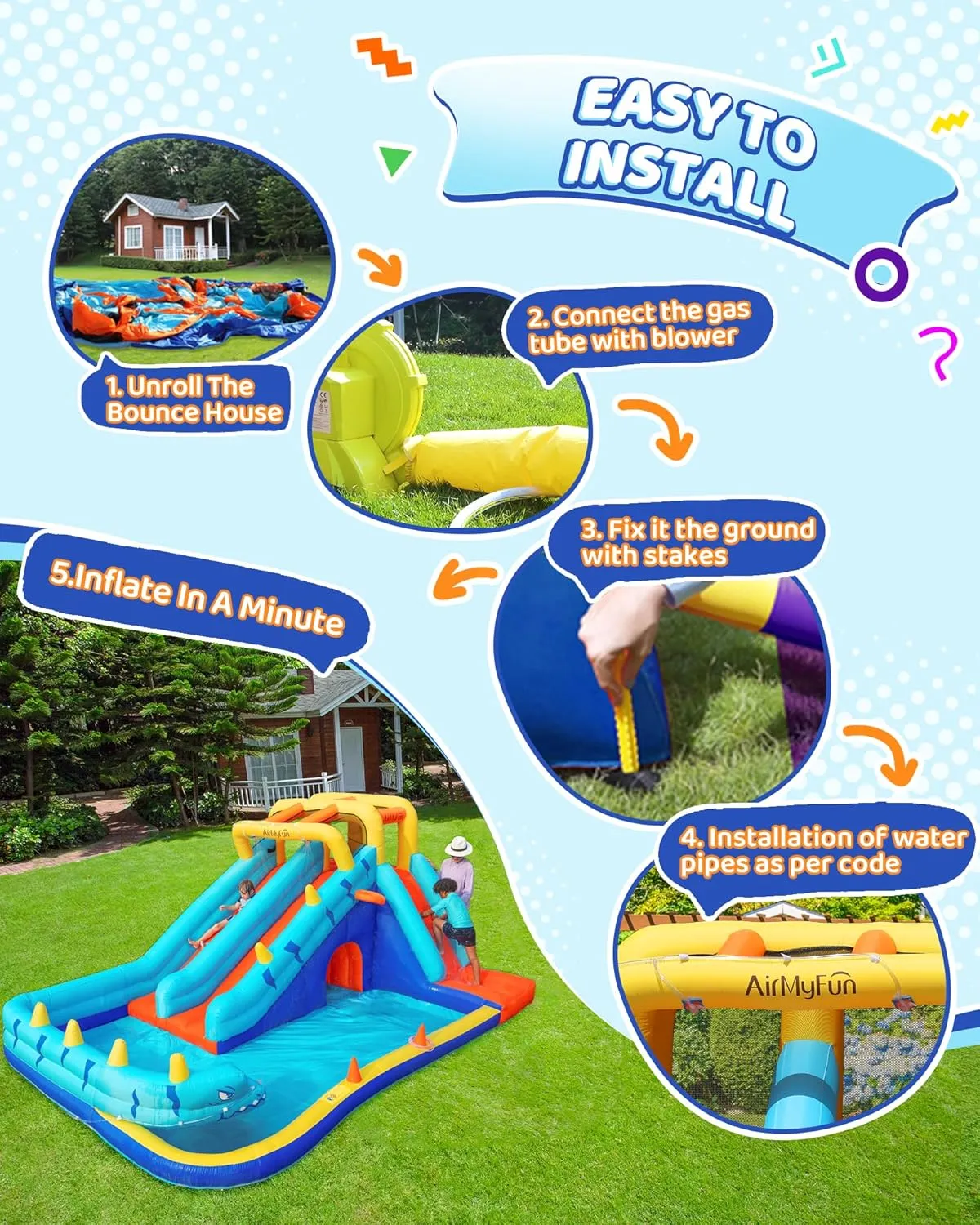 AirMyFun Inflatable Water Slide, Double Waterslide Park with Splash Pool & Ball Pit for Kids Air Blower, Kids Bounce House with Blower, Extended Water Slip Waterslide Outdoor & Indoor