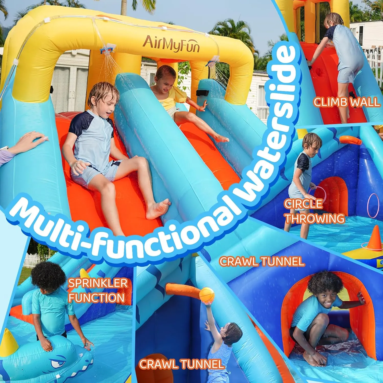 AirMyFun Inflatable Water Slide, Double Waterslide Park with Splash Pool & Ball Pit for Kids Air Blower, Kids Bounce House with Blower, Extended Water Slip Waterslide Outdoor & Indoor