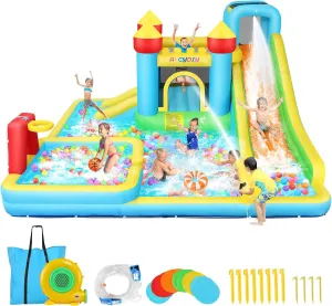 AKEYDIY Inflatable Water Slide Bounce House for Kids 3-12, Mega Water Bounce House Park w/ 2 Slides, Splash Pool & Deep Pool, Basketball Hoop, Water Cannon, 8 in 1 Backyard Water Park with Blower