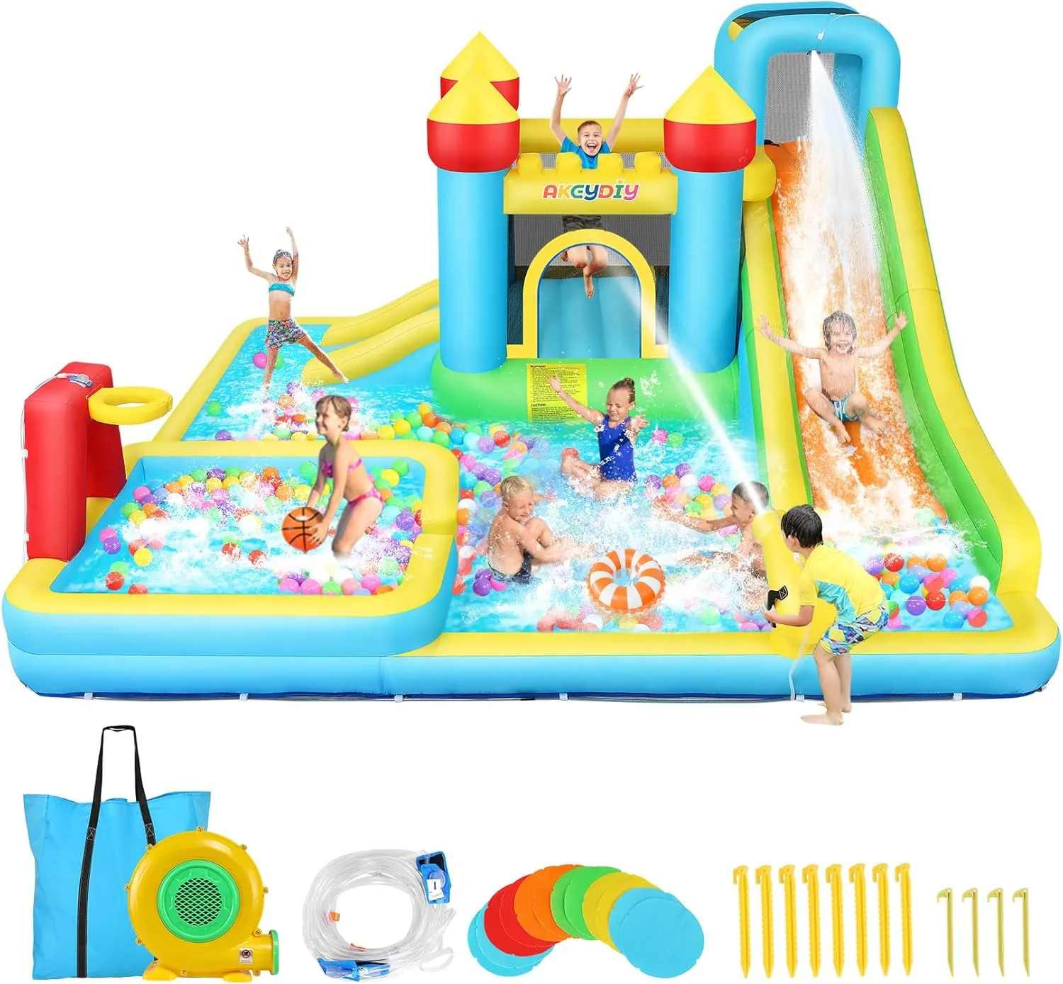 AKEYDIY Inflatable Water Slide Bounce House for Kids 3-12, Mega Water Bounce House Park w/ 2 Slides, Splash Pool & Deep Pool, Basketball Hoop, Water Cannon, 8 in 1 Backyard Water Park with Blower