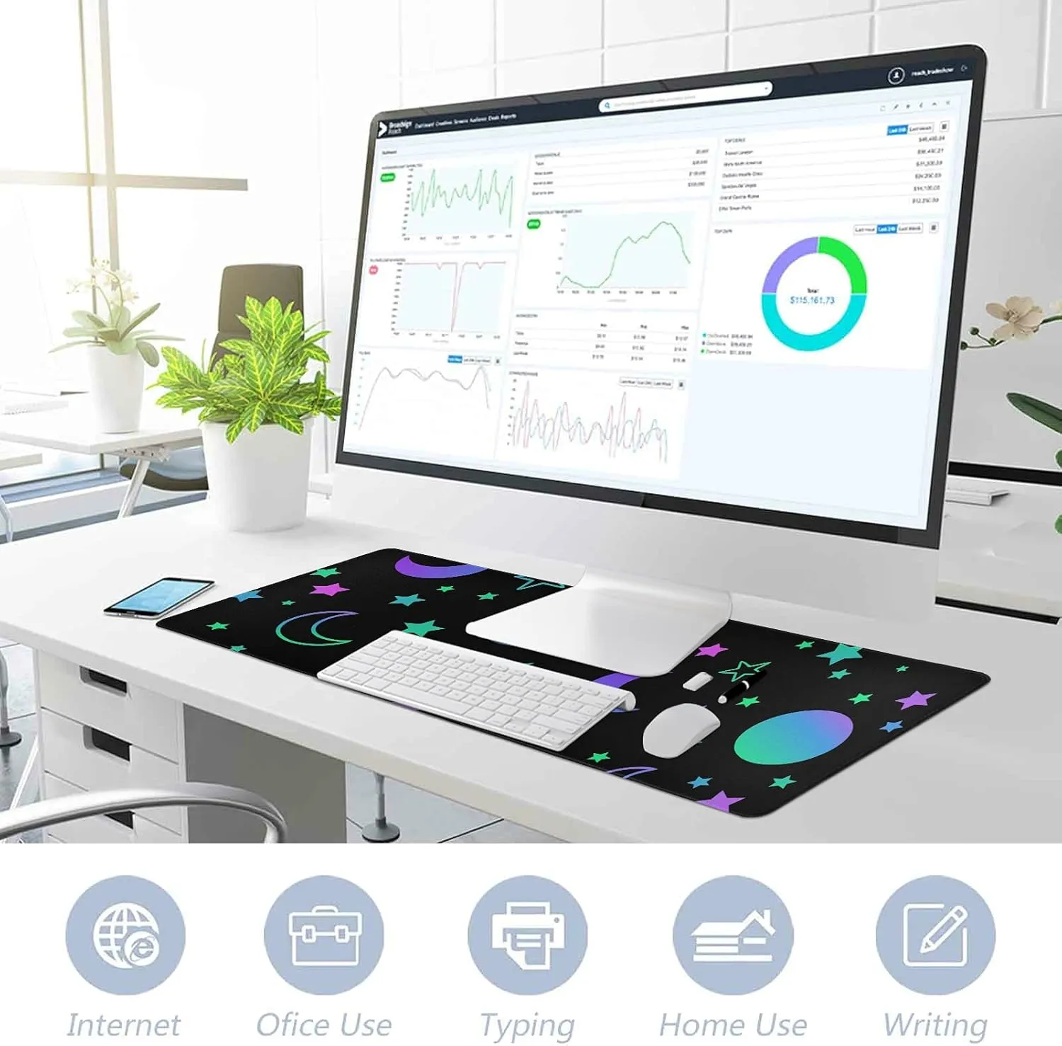 ALAZA Neon Rainbow Sun Moon Stars Large Gaming Mouse Pad Big Mousepad Mice Keyboard Mat with Non-Slip Rubber Base for Computer Laptop Home & Office, 31.5 X 15.7 inch