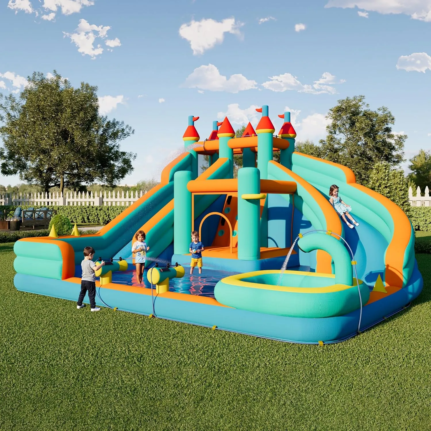 Albott Bounce House, Inflatable Bouncer with Air Blower, Jumping Castle with Slide, Outdoor Indoor Bouncy Castle with Oxford Fabric for Kids 3-12 (179.1×169.3×108.3IN)