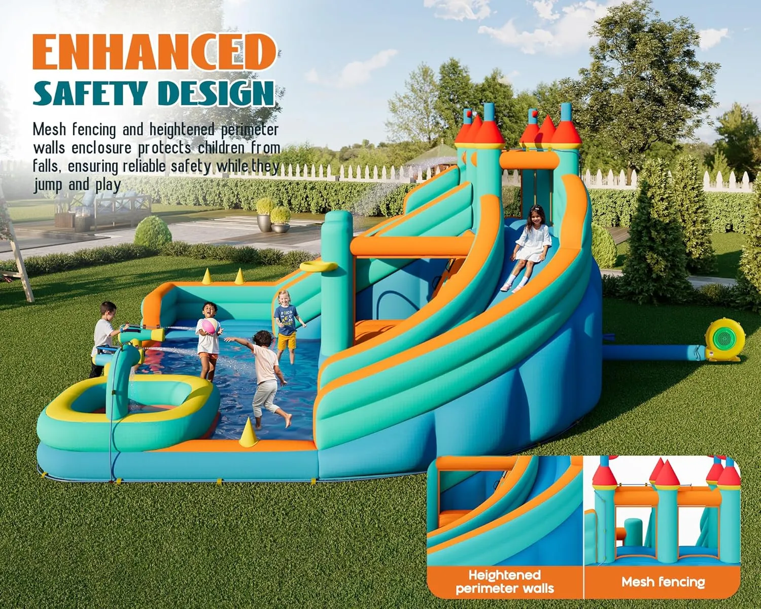 Albott Bounce House, Inflatable Bouncer with Air Blower, Jumping Castle with Slide, Outdoor Indoor Bouncy Castle with Oxford Fabric for Kids 3-12 (179.1×169.3×108.3IN)