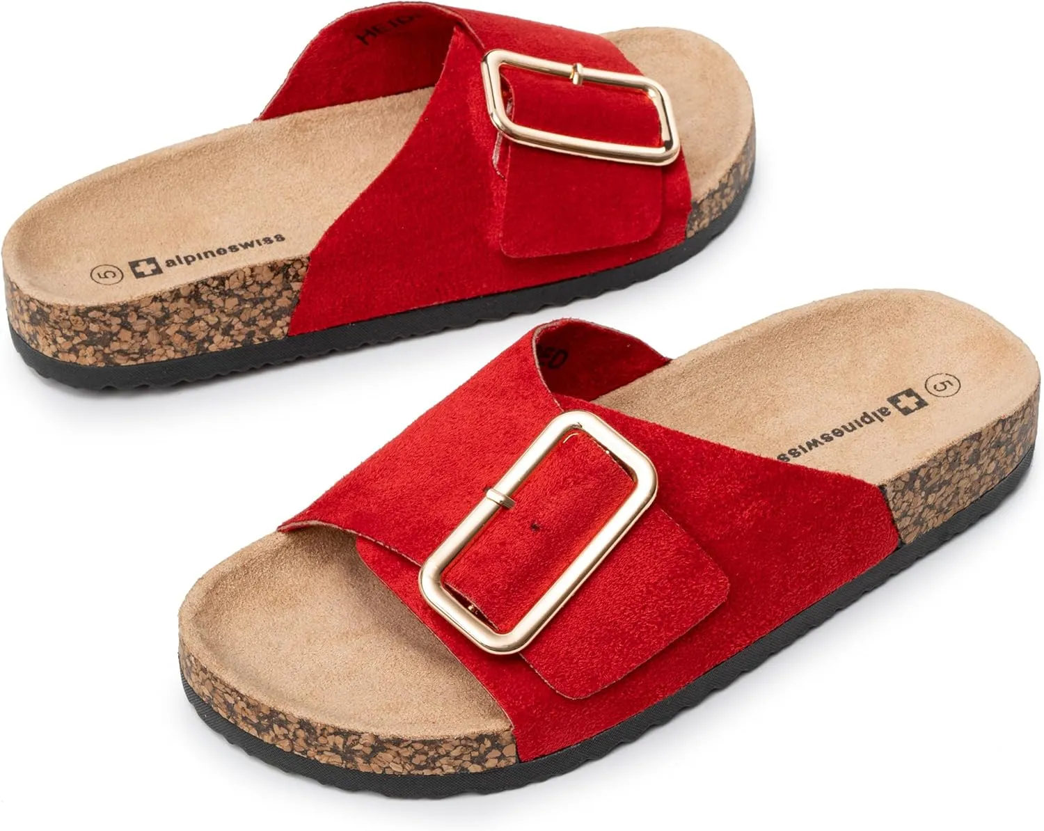 Alpine Swiss Heidi Womens Slide Sandals Cork Footbed Casual Slides Flat Sandals For Women Adjustable Buckle Comfortable Summer Beach Sandals