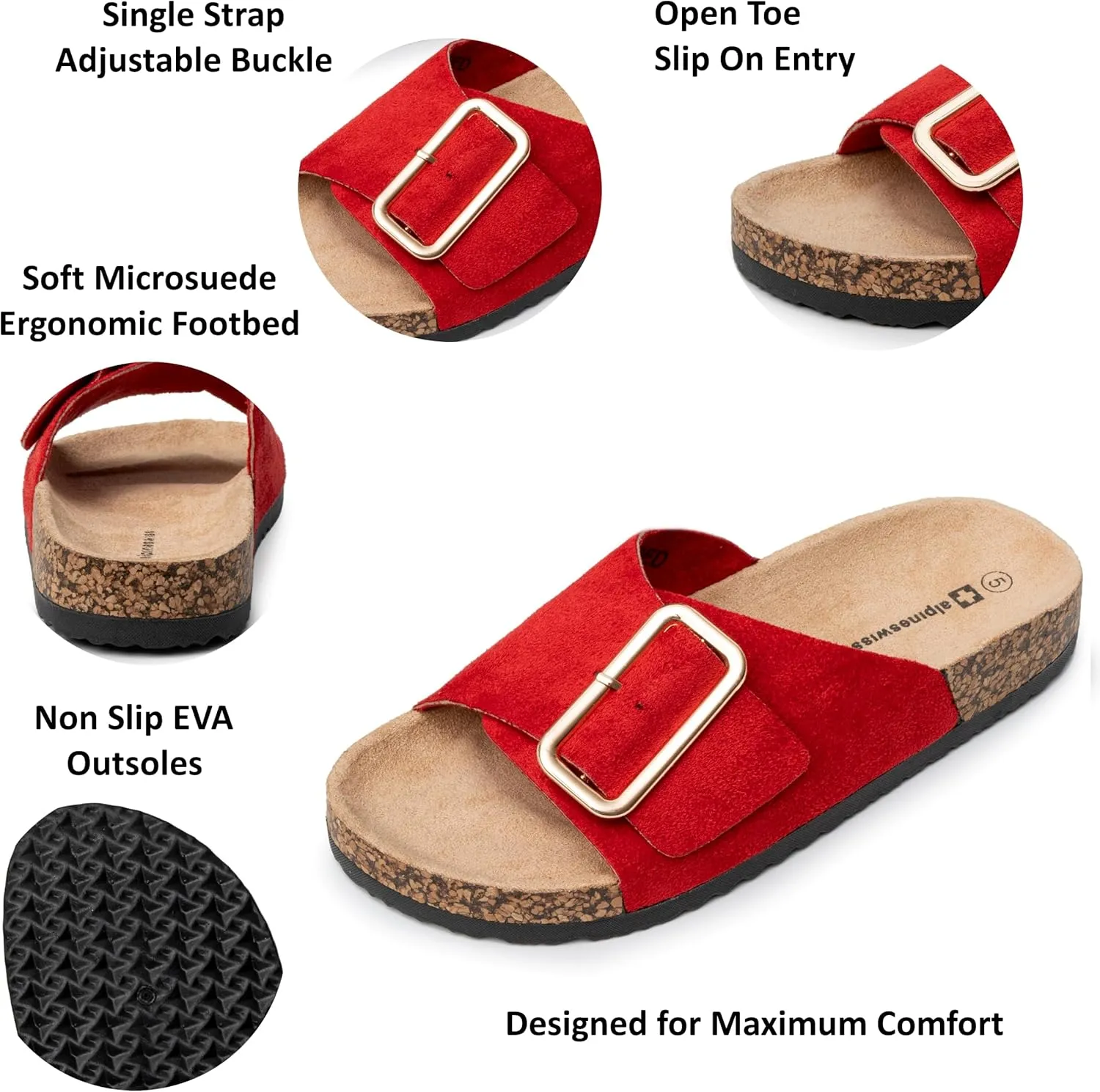Alpine Swiss Heidi Womens Slide Sandals Cork Footbed Casual Slides Flat Sandals For Women Adjustable Buckle Comfortable Summer Beach Sandals